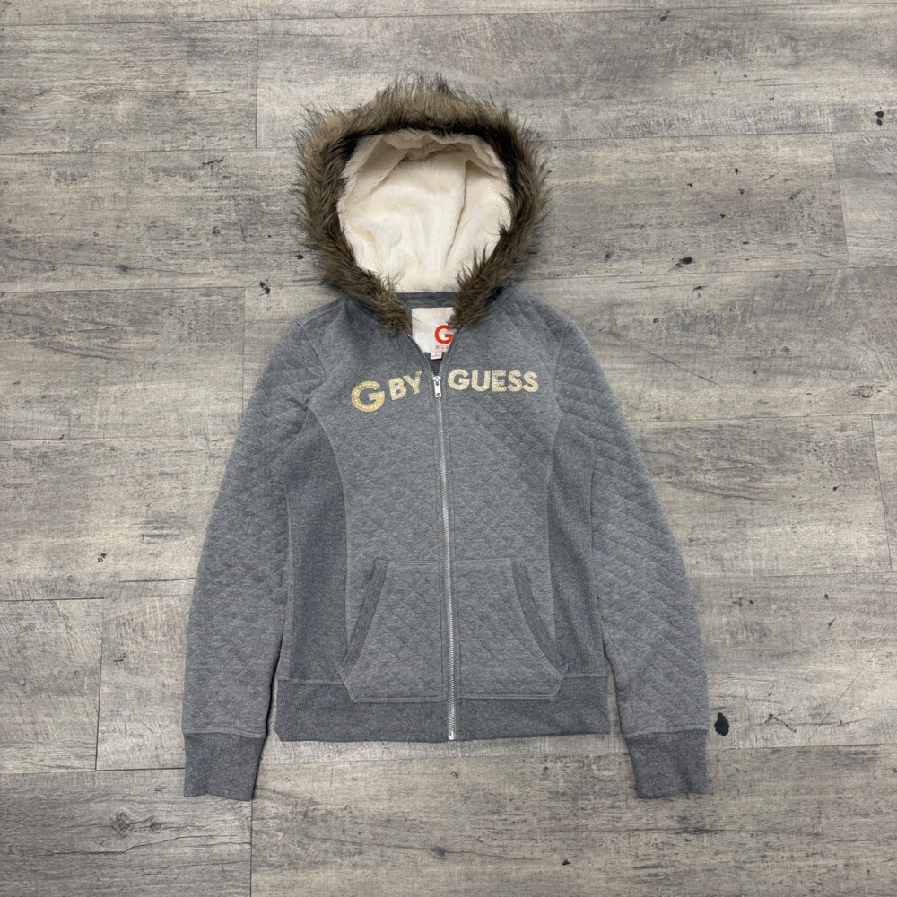 G BY GUESS Hoodie Womens S Gray Full Zip Faux Fur Trim Hood Quilted Rhinestone